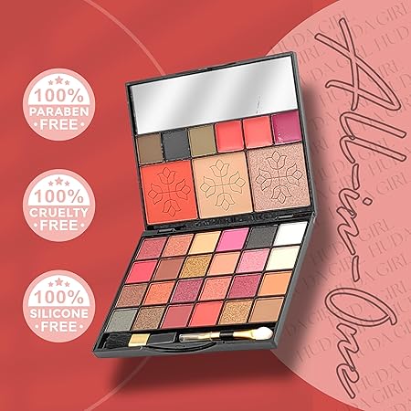 HUDA GIRL All-in-One Makeup Kit with Mirror - Includes 24 Eyeshadow Palette with Brush, 3 Eyebrow Powder, 3 Lip Gloss, 2 Applicator, Blush Contour and Highlighter Palette for Girl & Womens